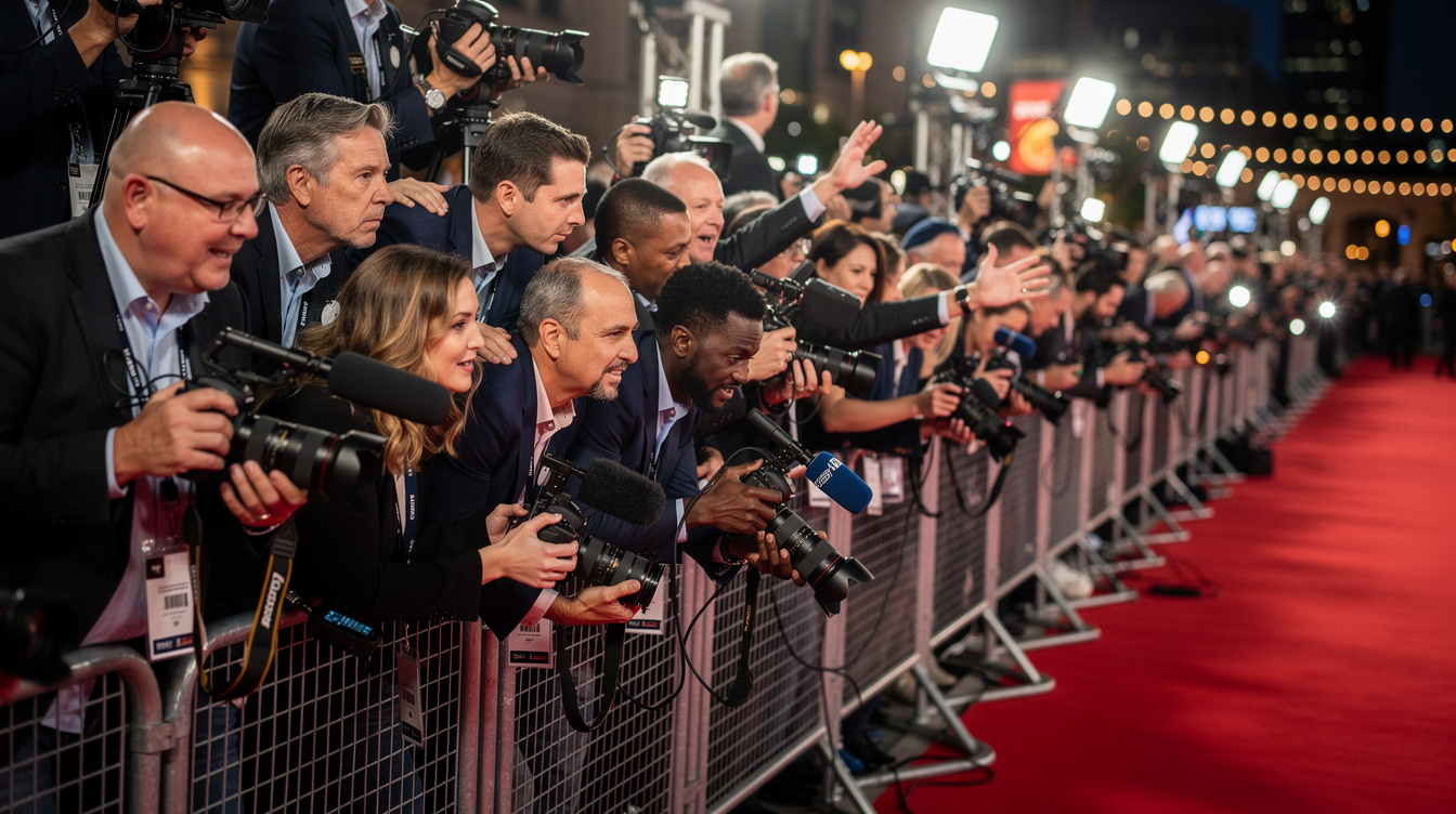 Entertainment reporters covering a red carpet event with cameras