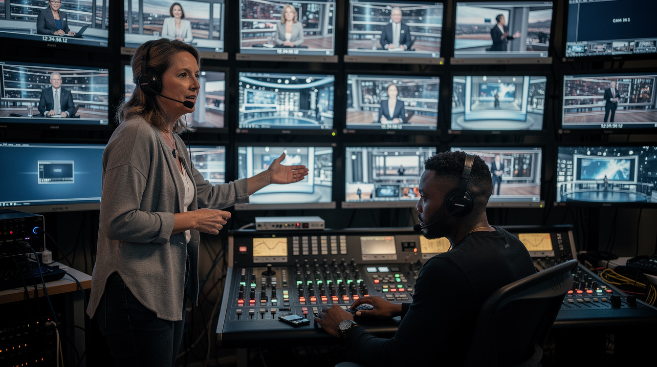 Production team working in a broadcast control room with monitor walls
