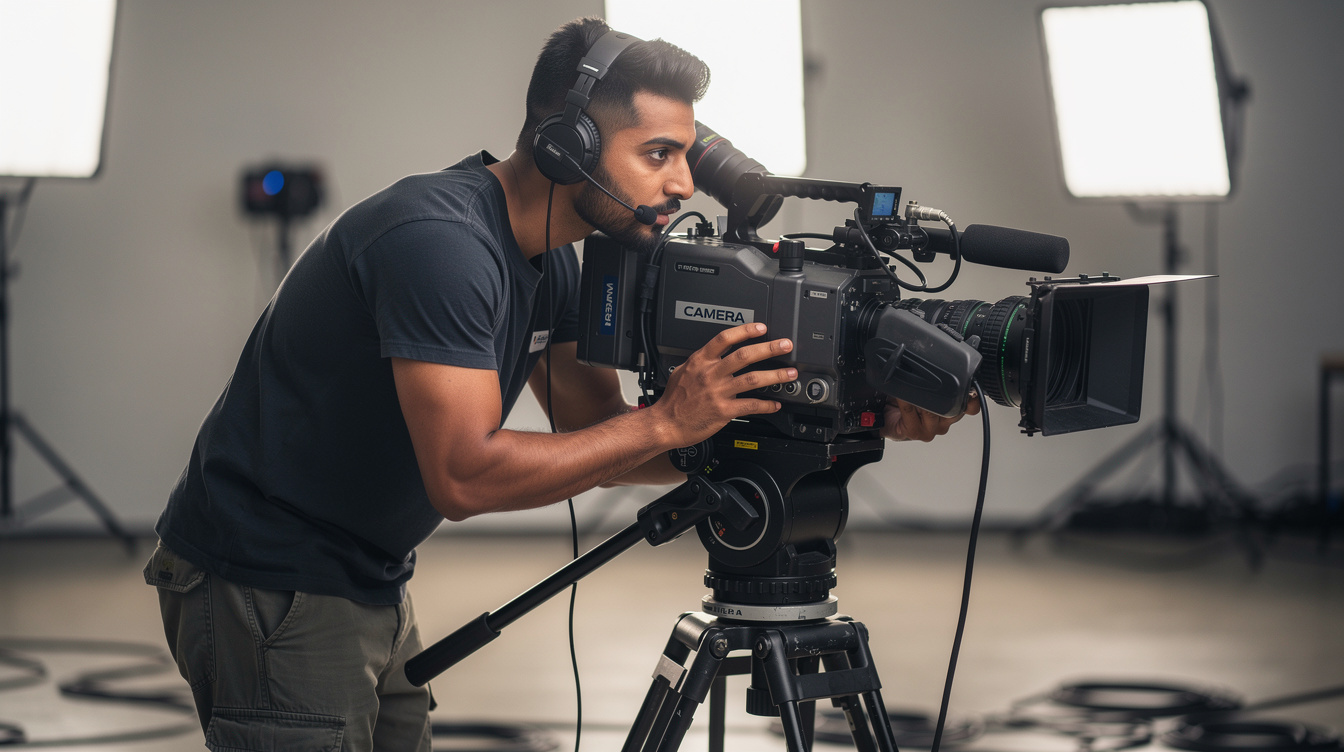 Camera operator framing a shot on a broadcast camera during a live show