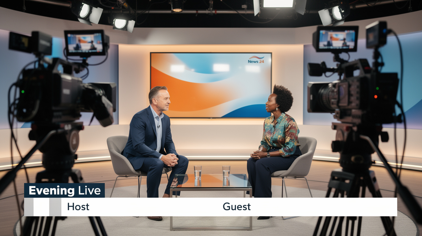 British television presenter interviewing a guest in a live broadcast studio
