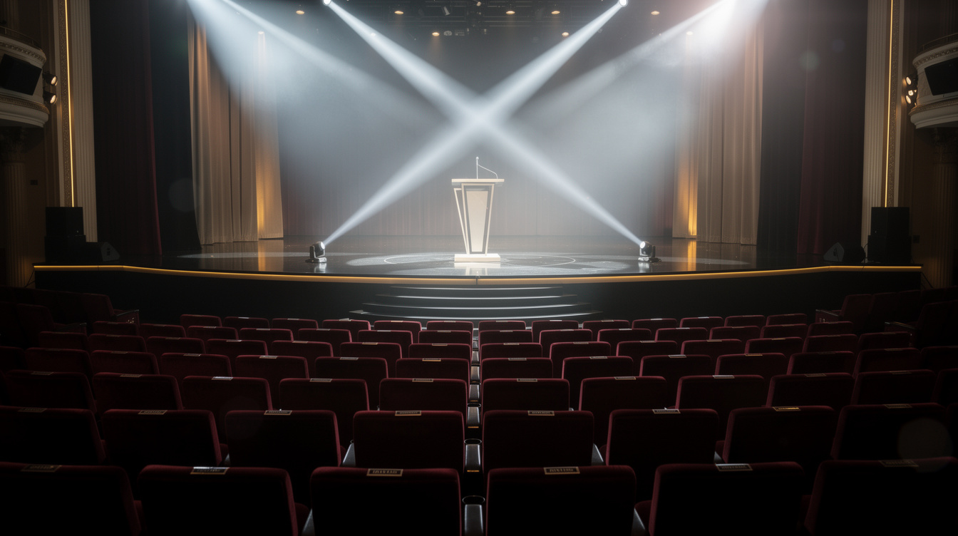 Empty award show stage lit with spotlights before a live event