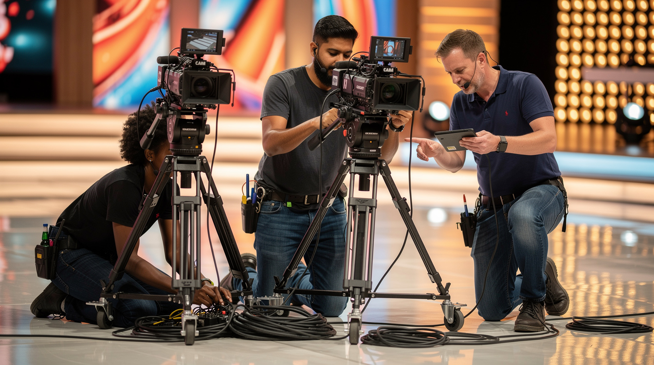 Production crew setting up cameras before a live entertainment show