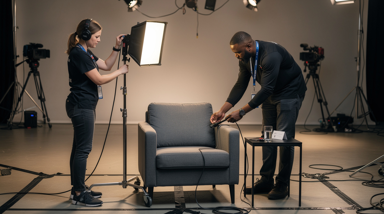 Crew setting up lighting and microphones for a television interview