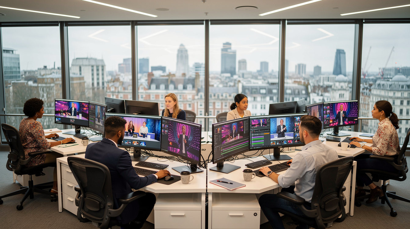 Wide view of a busy entertainment newsroom with staff at their desks