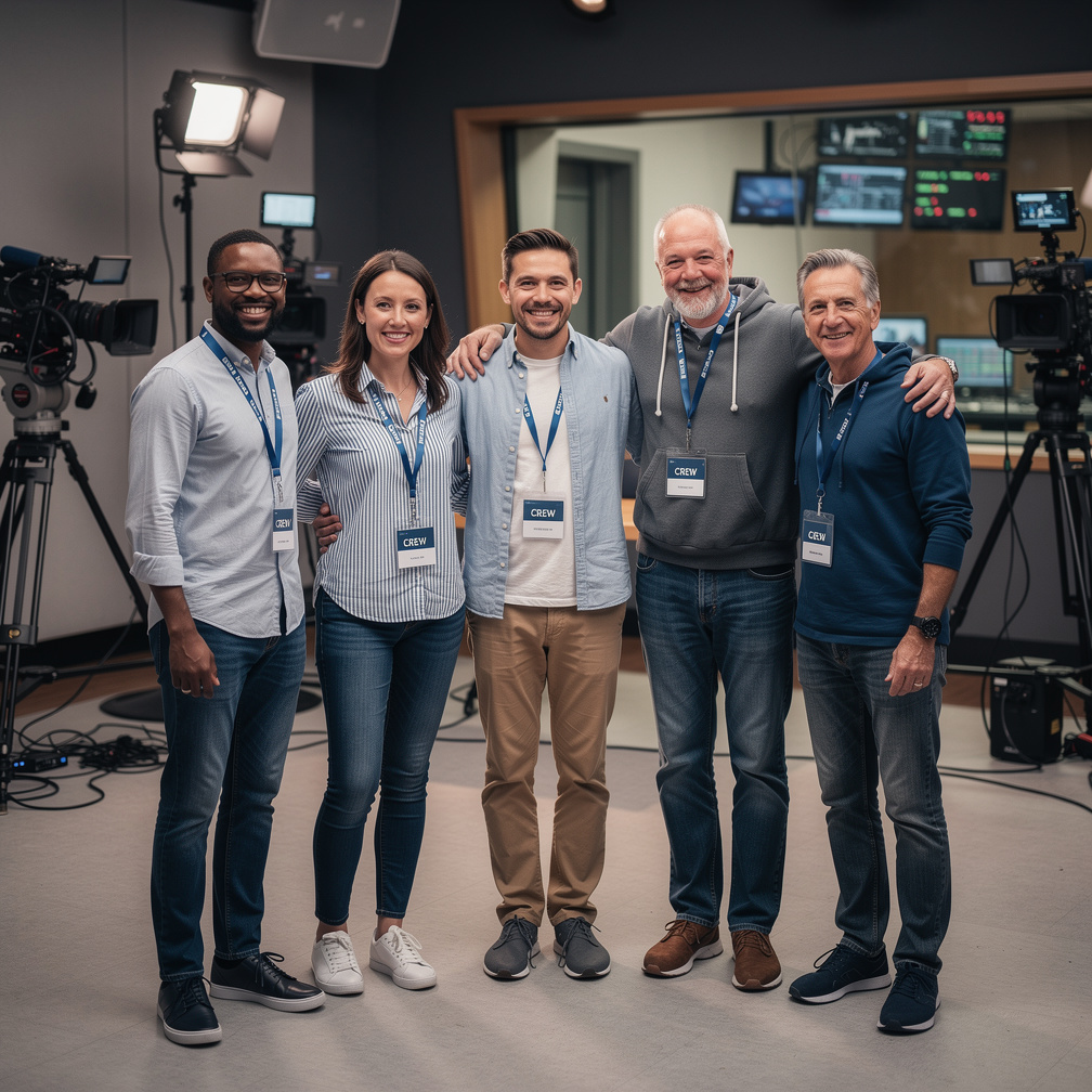 Diverse television production crew standing together in a studio