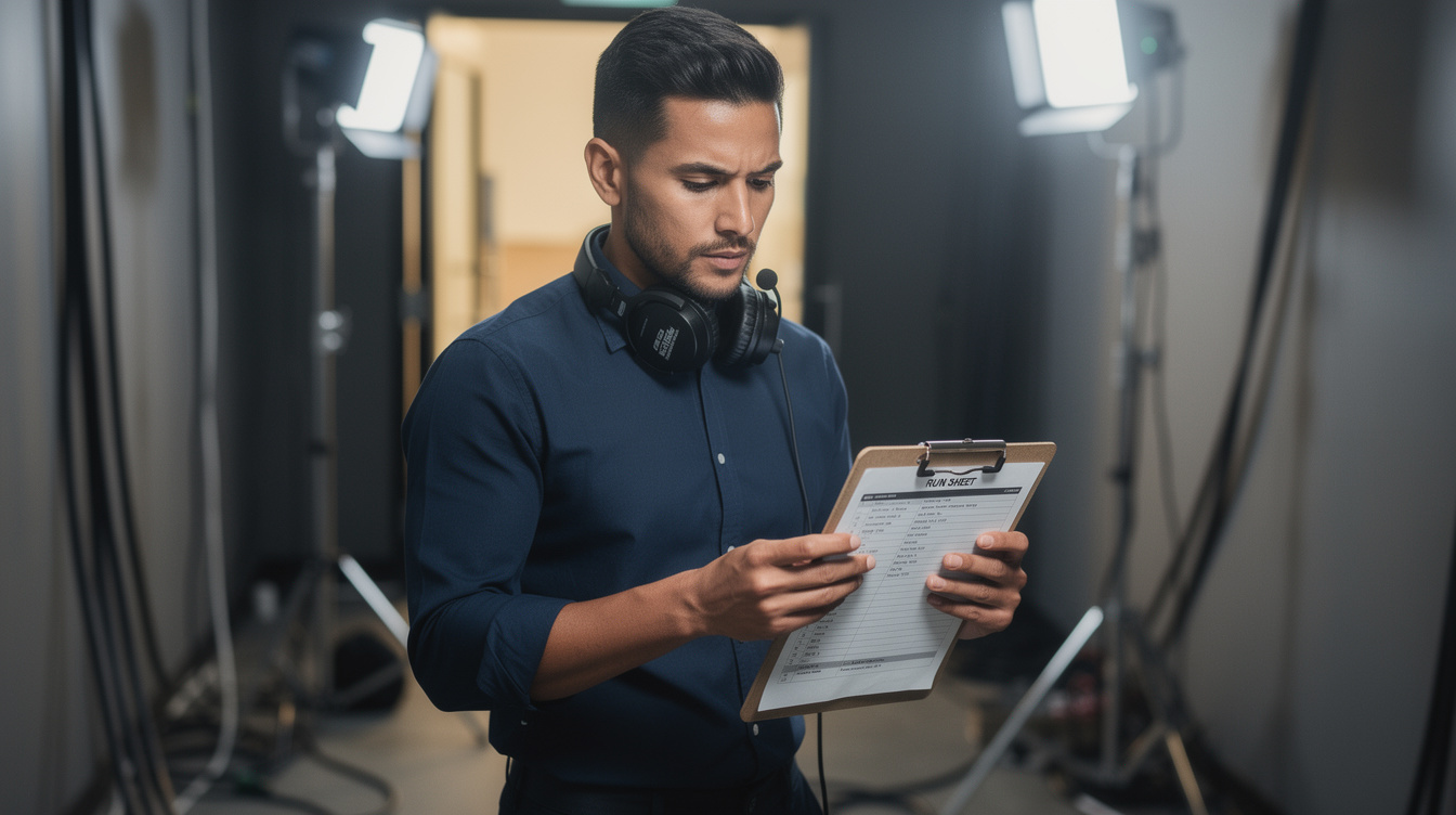 Reporter reviewing a show run sheet backstage with a headset