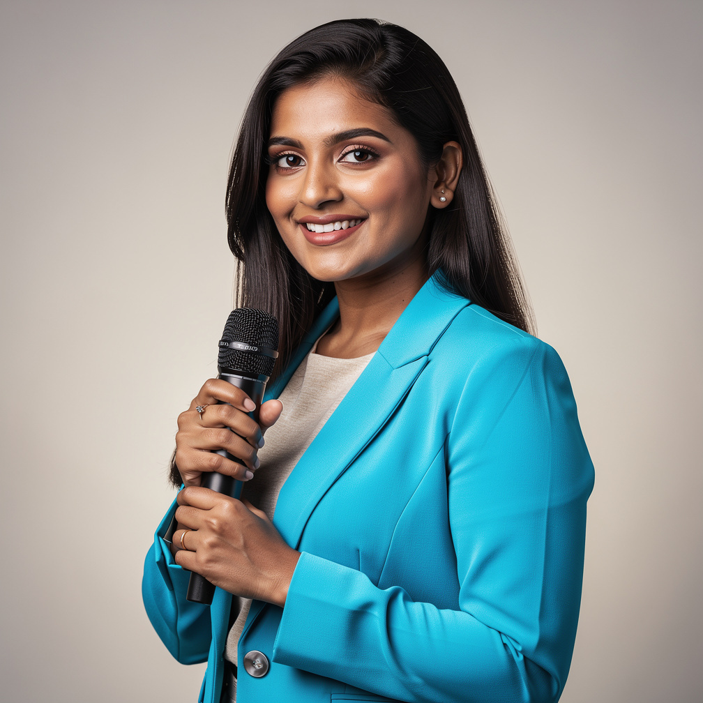 Portrait of a television presenter holding a microphone