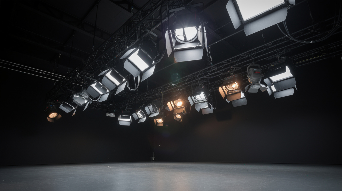 Overhead lighting rig and softboxes in a television studio
